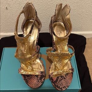 Thalia Sodi Gold and Brown Snakeskin Heels